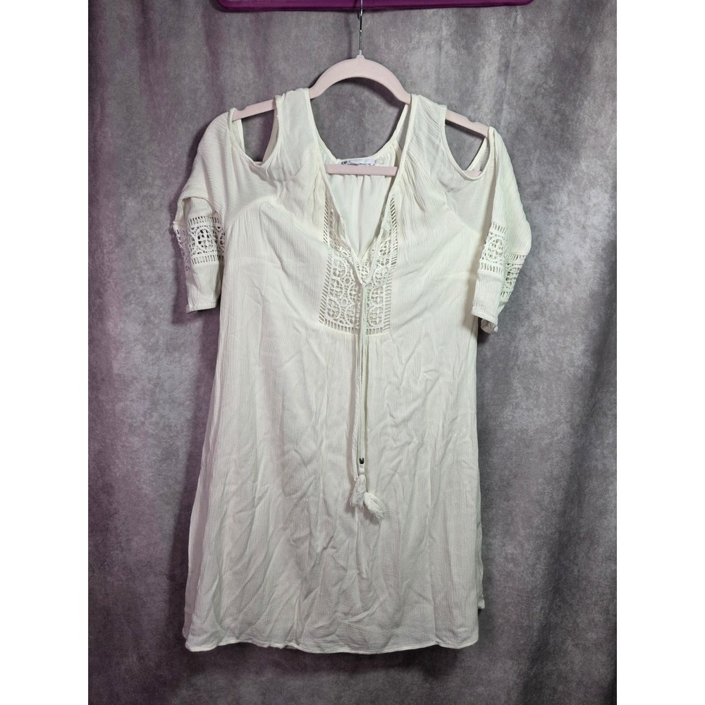 DR2 Cream Lace Detail Cold Shoulder Tassel V Neck Dress Size S